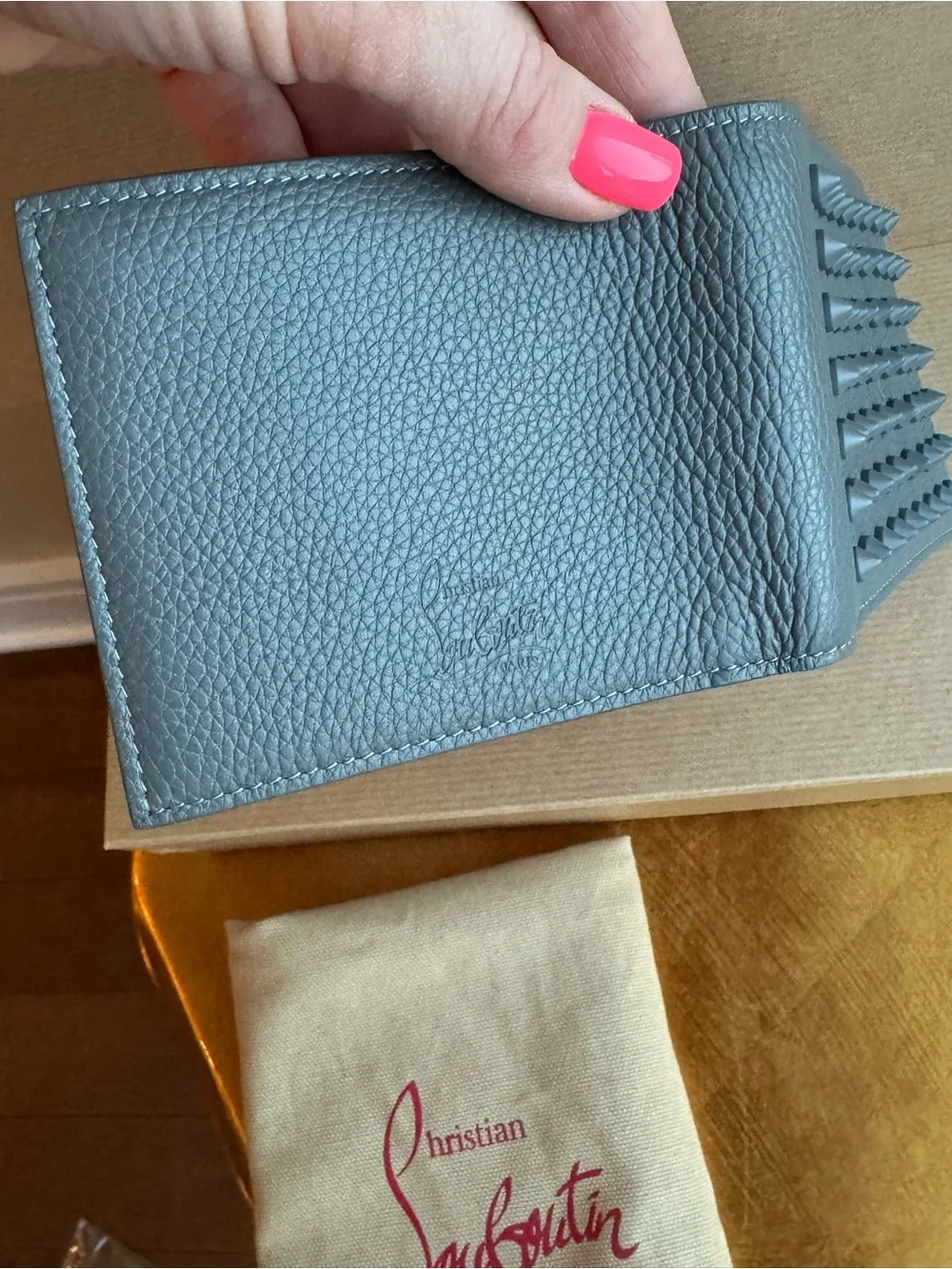 NWT Christian Louboutin Men’s Funky Studded Leather Bifold Wallet in Smoke Grey